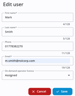 Edit user dialog displaying fields for first name, last name, phone number and email address. The On-demand operator licence is set to 'Assigned'. Cancel and Save buttons are shown at the bottom.